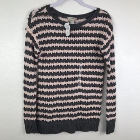 Sweaters - Ann Taylor LOFT Women's Crochet Sweater Striped Pink Gray Long Sleeve